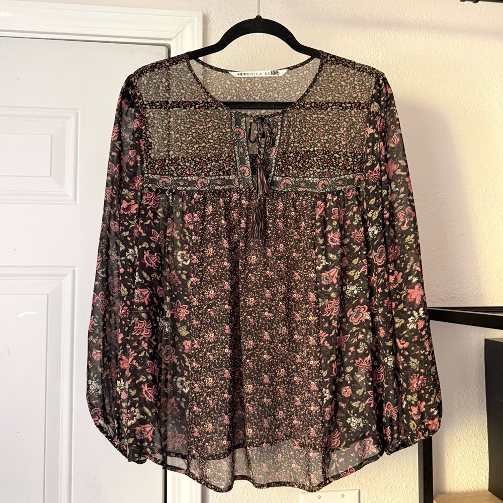 VERONICA BEARD black pink floral sheer silk puff long sleeve blouse top